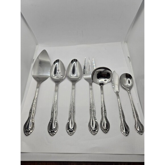 Columbia Beaded Handle Stainless Steel Flatware Complete Serving Set 7 pcs. - Picture 1 of 15
